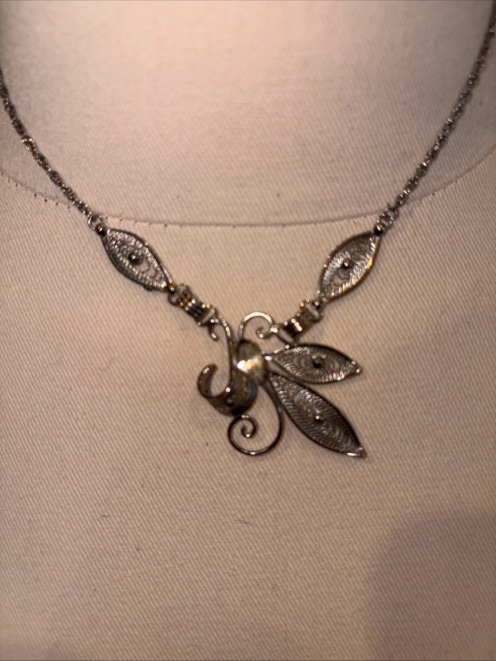 VTG Espo Flex Sterling Silver Necklace Filigree Clear Dangle Rhinestone 15.5"